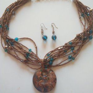 Amber, Blue, and Gold Disc on Stranded Necklace